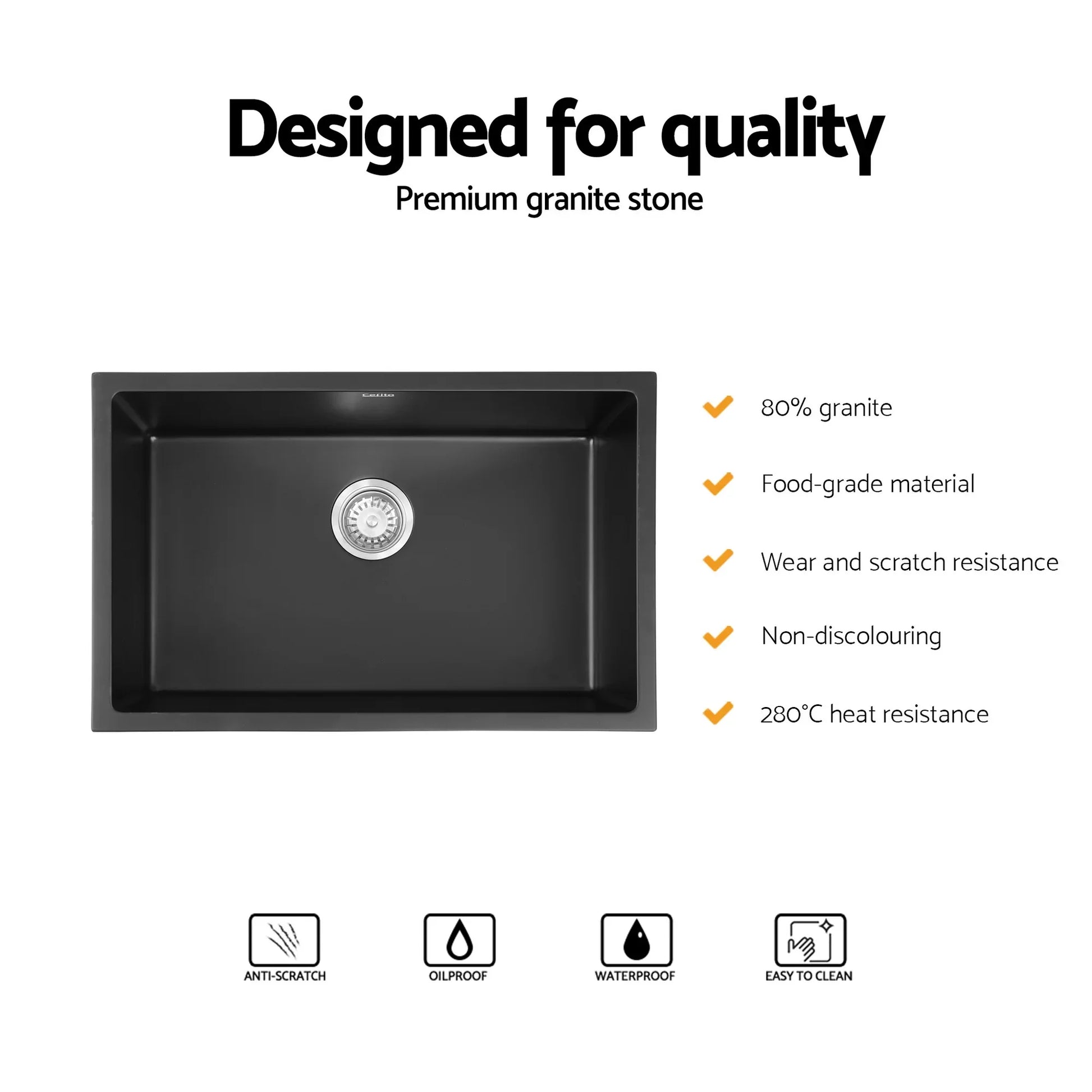 Cefito Kitchen Sink 70x45cm Granite Stone Sink Single Bowl Black - Mekamart Australia