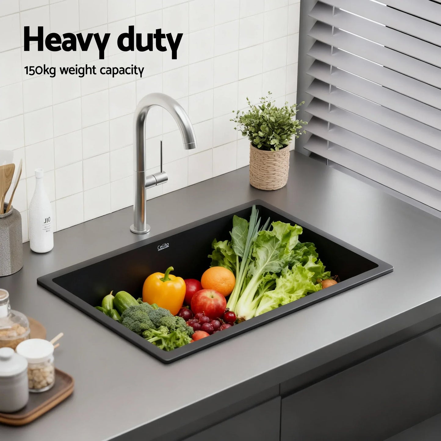 Cefito Kitchen Sink 70x45cm Granite Stone Sink Single Bowl Black - Mekamart Australia