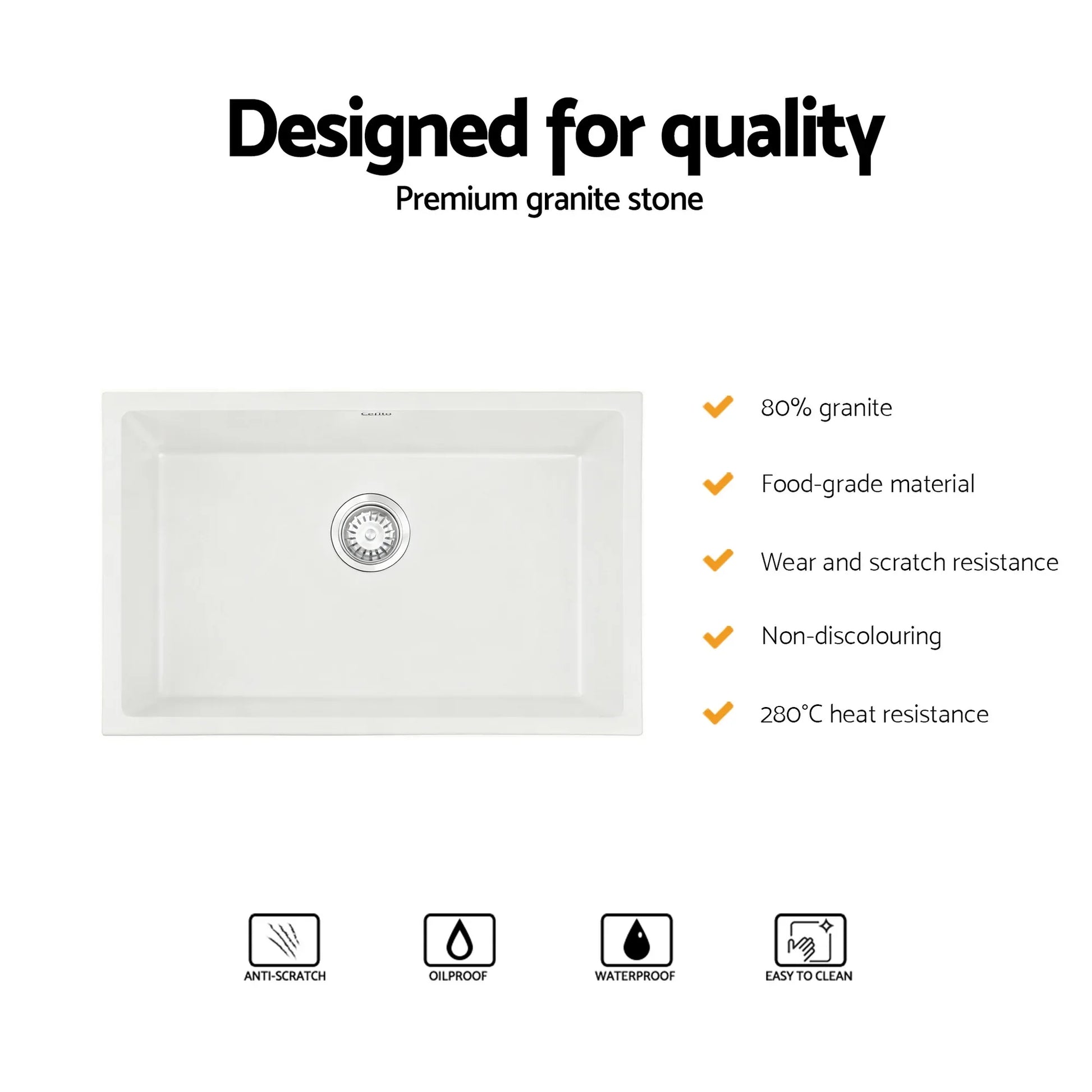 Cefito Kitchen Sink 70x45cm Granite Stone Sink Single Bowl White - Mekamart Australia