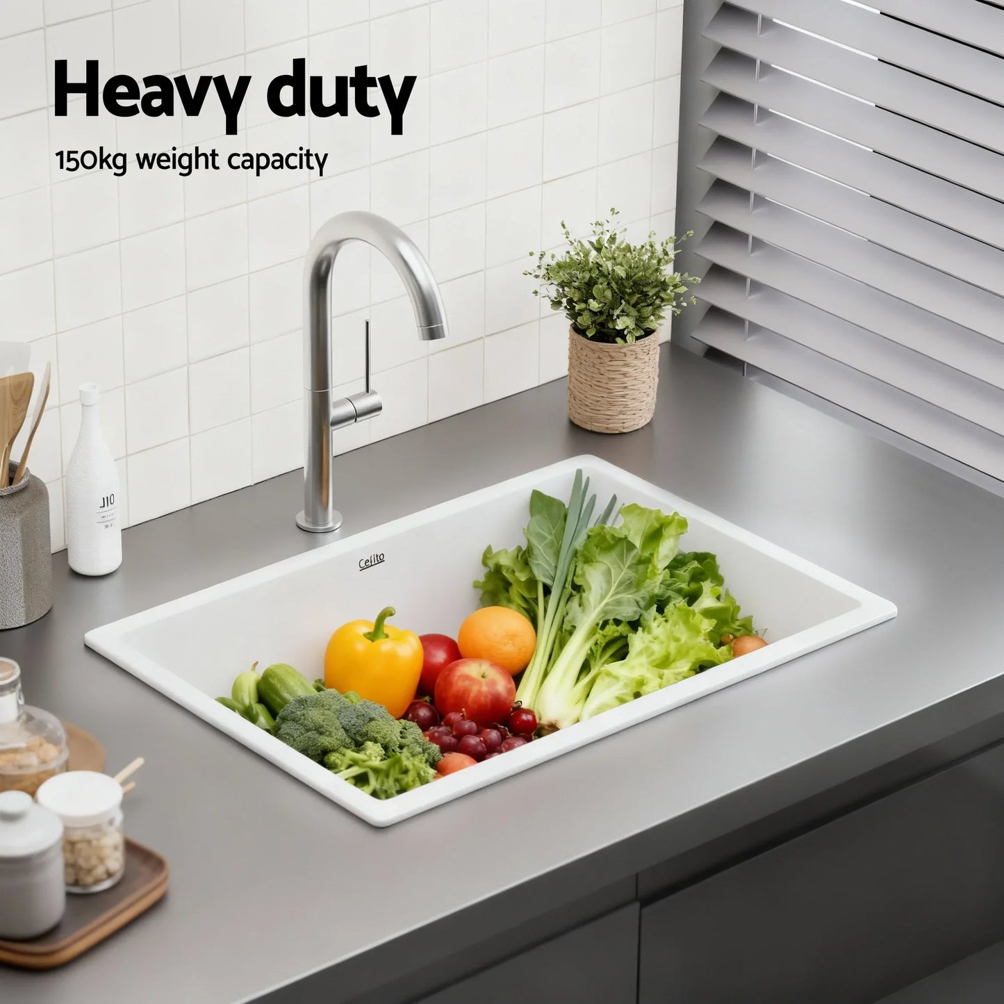 Cefito Kitchen Sink 70x45cm Granite Stone Sink Single Bowl White - Mekamart Australia