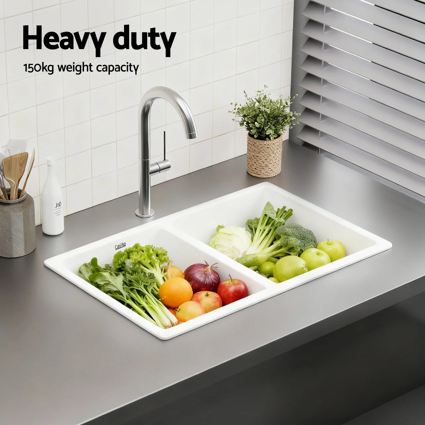 Cefito Kitchen Sink 77x45cm Granite Stone Sink Double Bowl White - Mekamart Australia