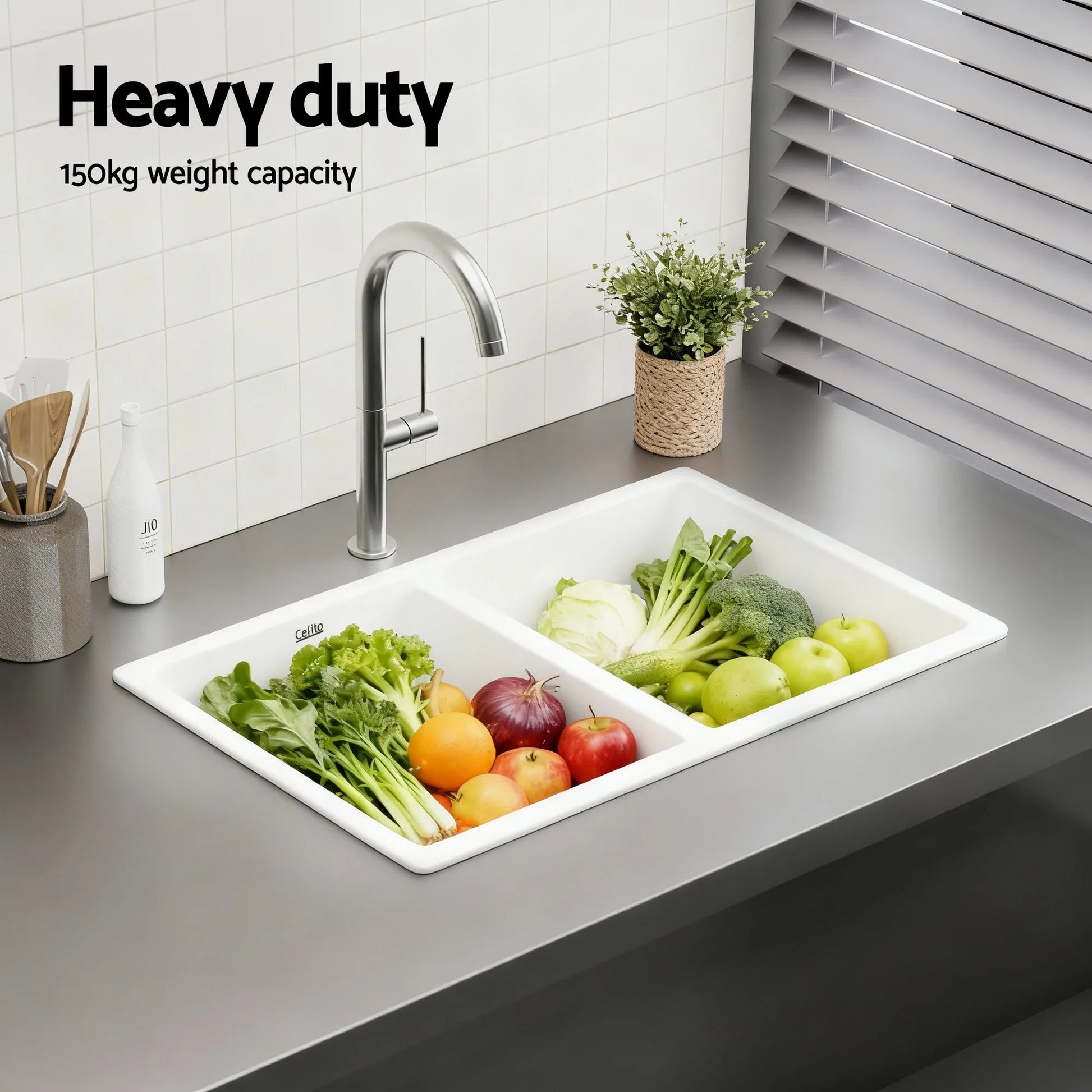 Cefito Kitchen Sink 77x45cm Granite Stone Sink Double Bowl White - Mekamart Australia