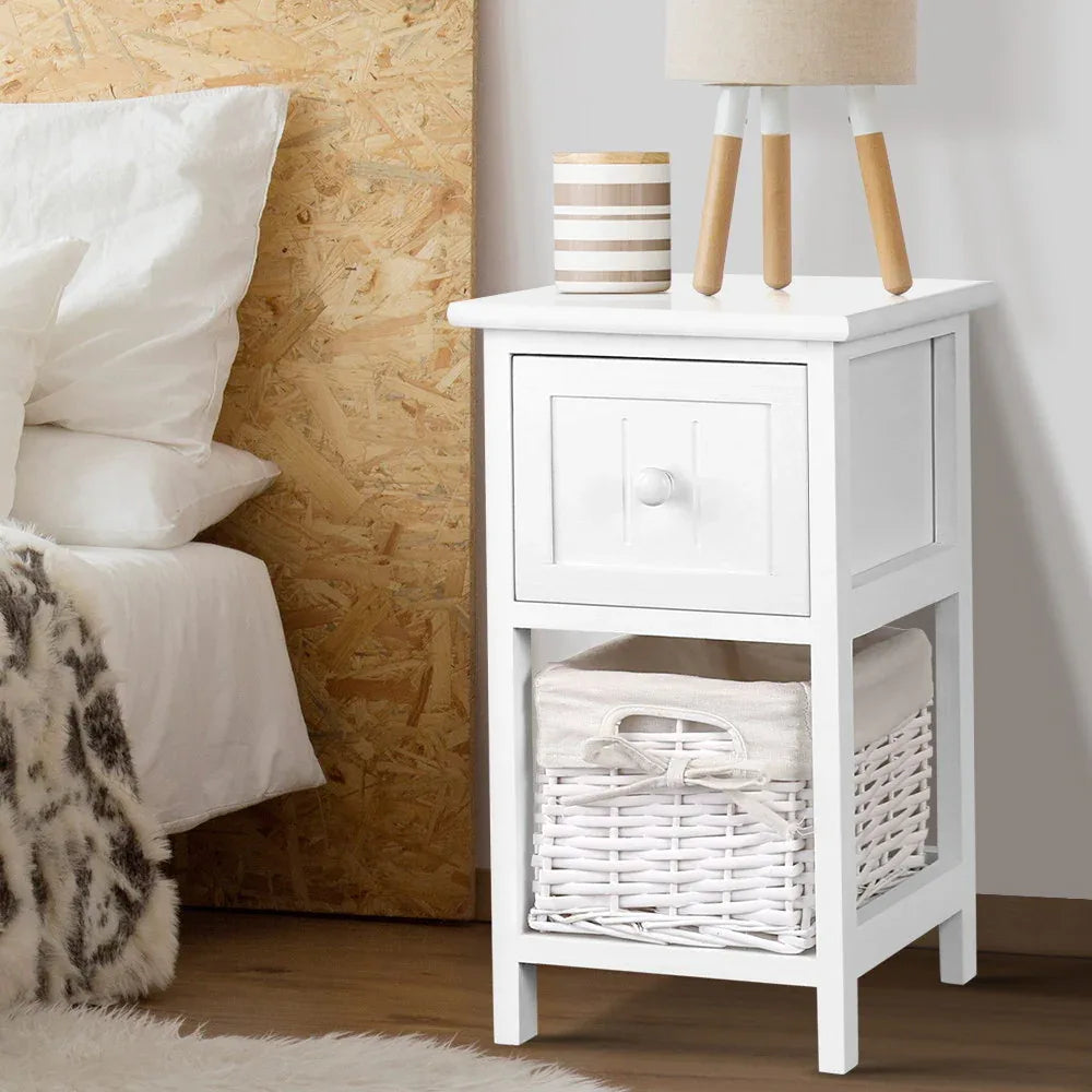 Artiss Bedside Table 1 Drawer with Basket Rustic White X2 - Mekamart Australia