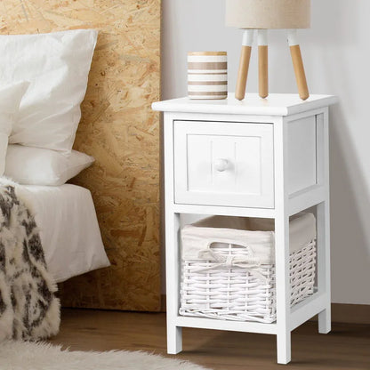Artiss Bedside Table 1 Drawer with Basket Rustic White X2 - Mekamart Australia