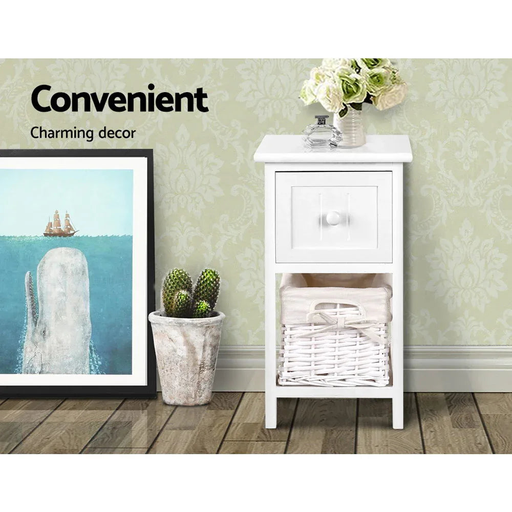 Artiss Bedside Table 1 Drawer with Basket Rustic White X2 - Mekamart Australia