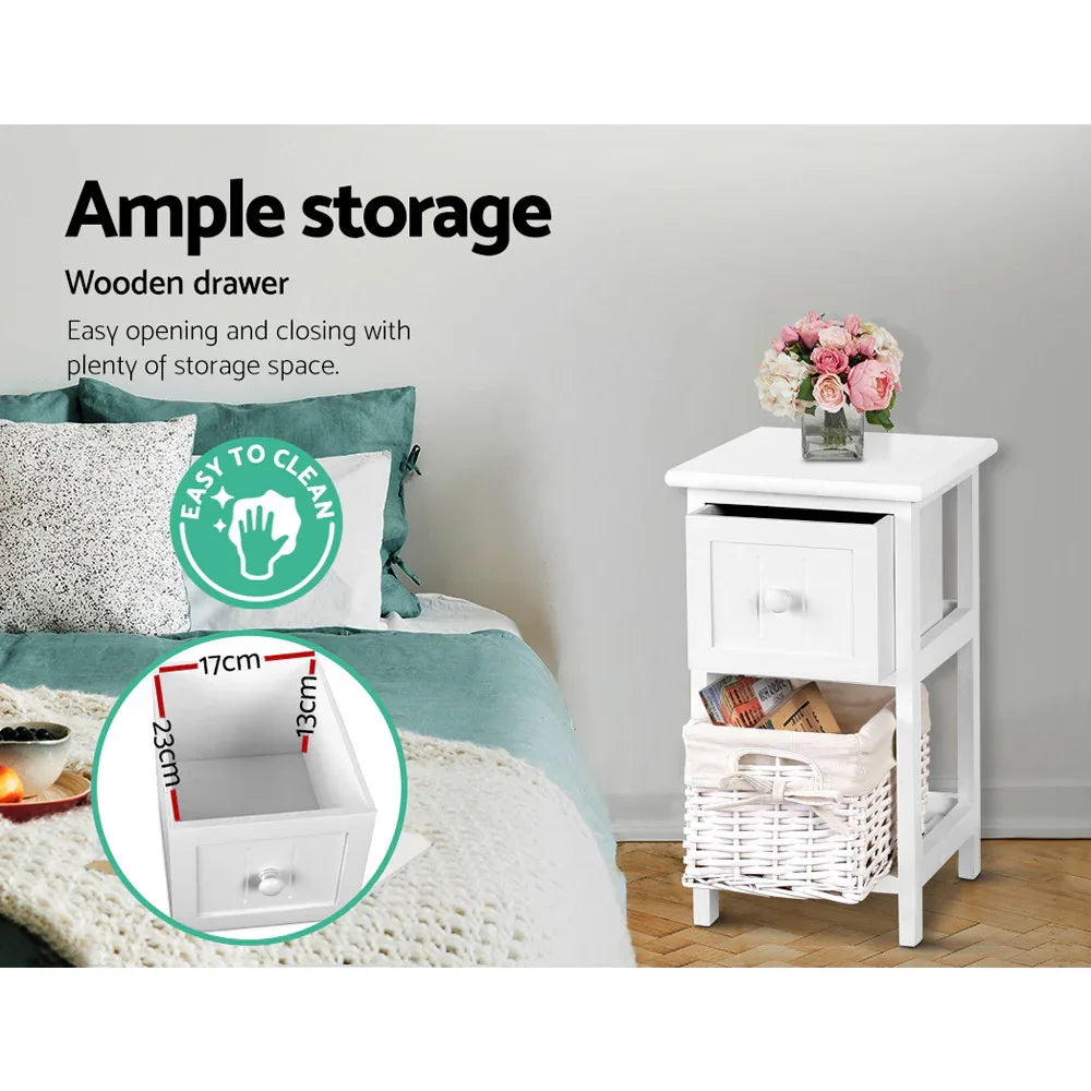 Artiss Bedside Table 1 Drawer with Basket Rustic White X2 - Mekamart Australia