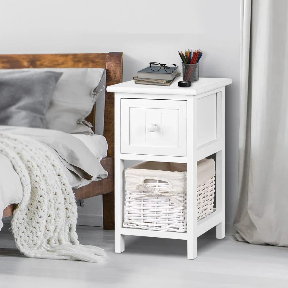 Artiss Bedside Table 1 Drawer with Basket Rustic White X2 - Mekamart Australia