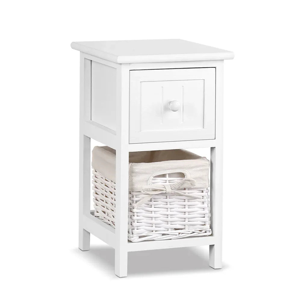 Artiss Bedside Table 1 Drawer with Basket Rustic White X2 - Mekamart Australia