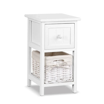 Artiss Bedside Table 1 Drawer with Basket Rustic White X2 - Mekamart Australia