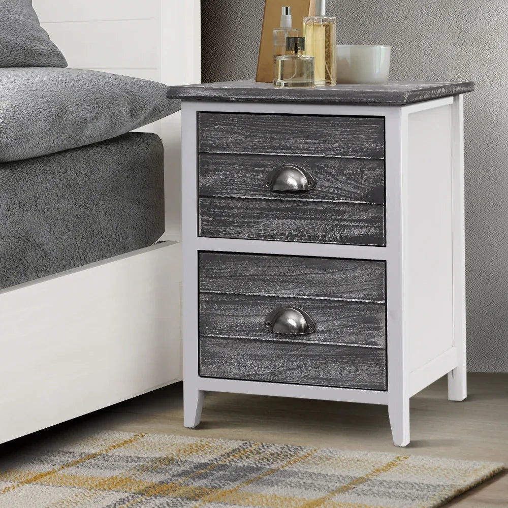Artiss Bedside Table 2 Drawers Vintage X2 - THYME Grey - Mekamart Australia