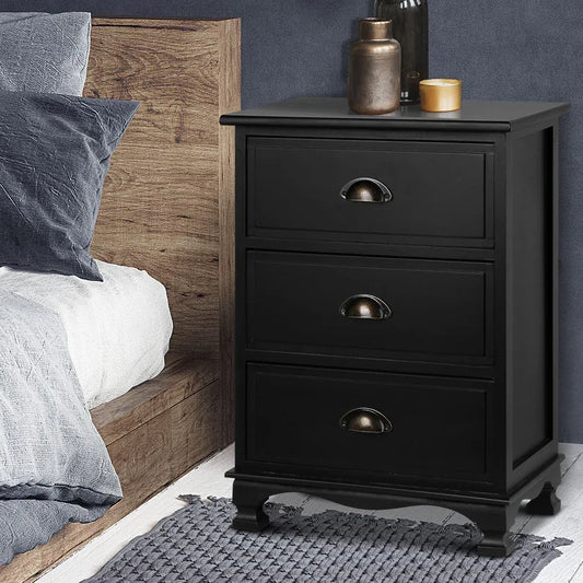Artiss Bedside Table 3 Drawers Vintage - THYME Black - Mekamart Australia