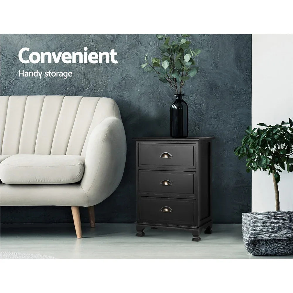 Artiss Bedside Table 3 Drawers Vintage - THYME Black - Mekamart Australia