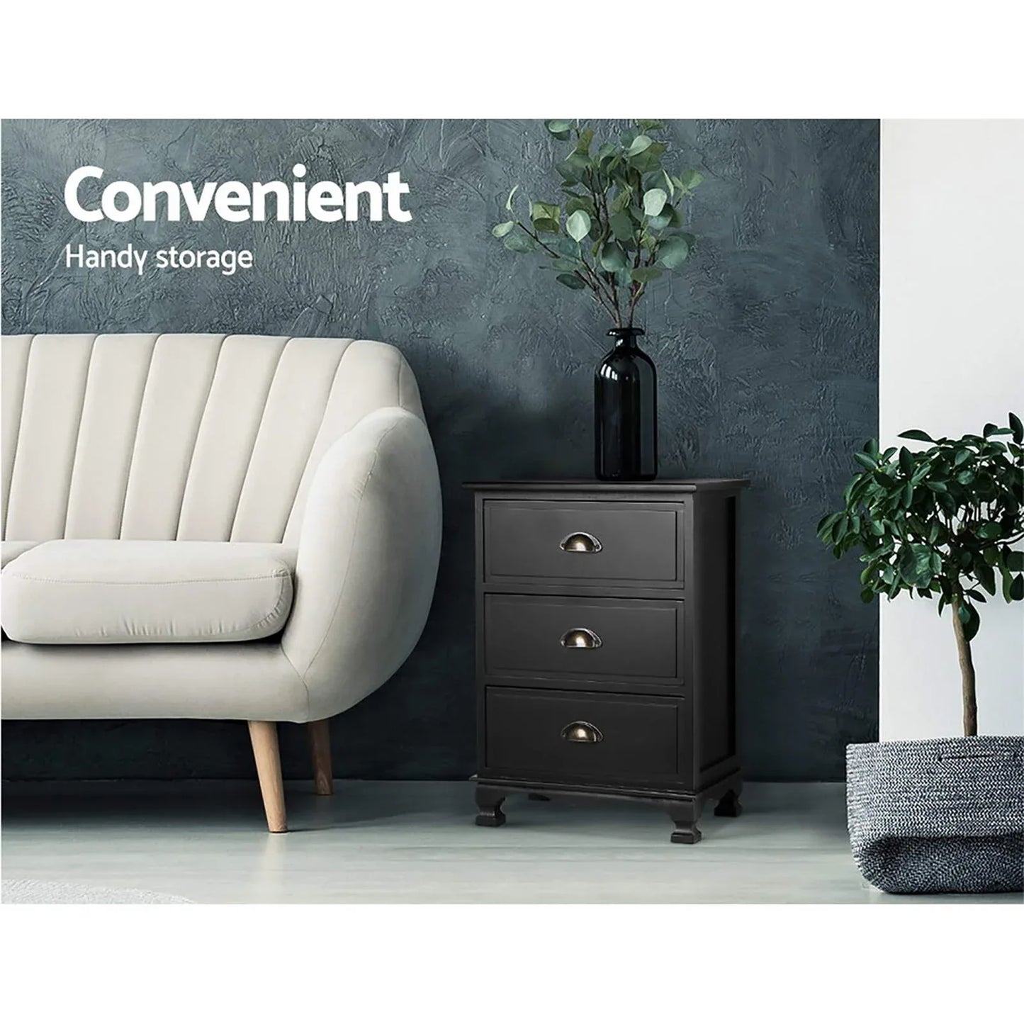 Artiss 2x Bedside Table 3 Drawers Vintage - THYME Black - Mekamart Australia