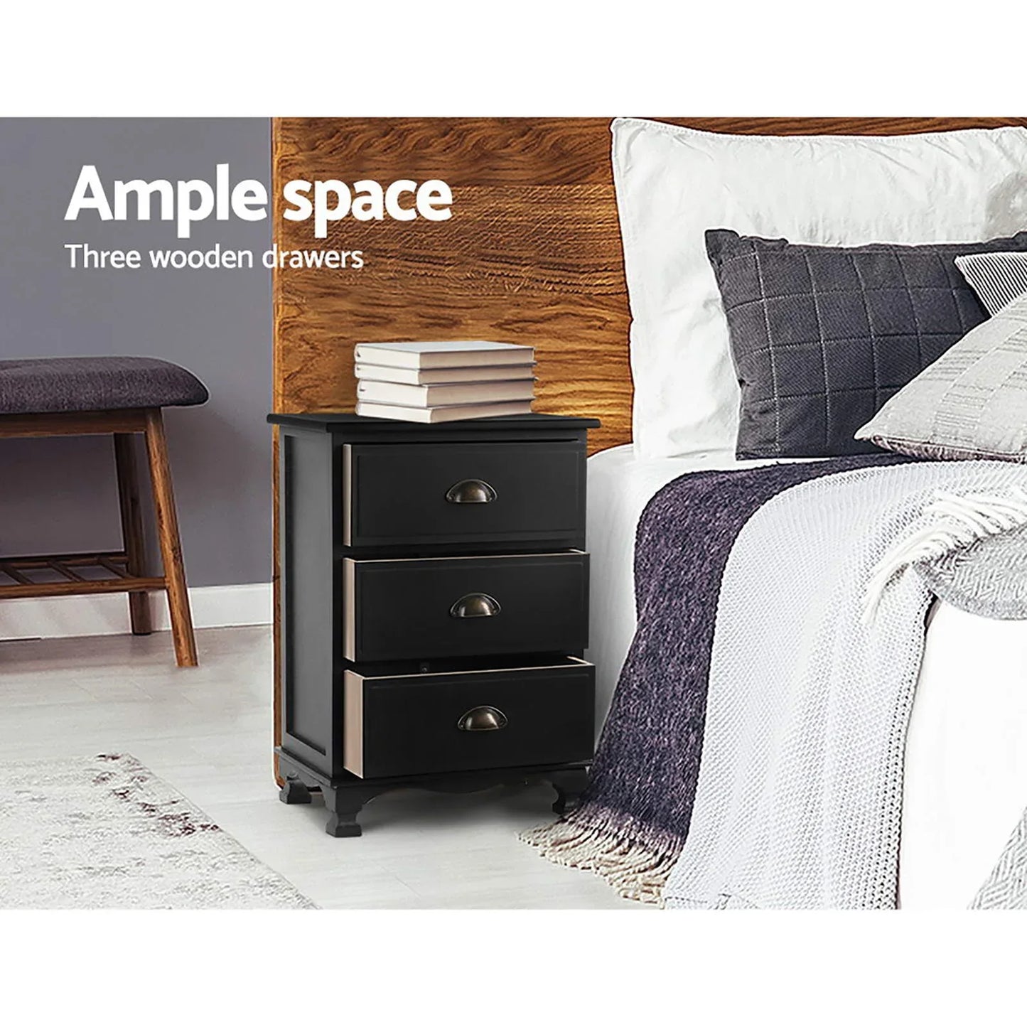 Artiss 2x Bedside Table 3 Drawers Vintage - THYME Black - Mekamart Australia