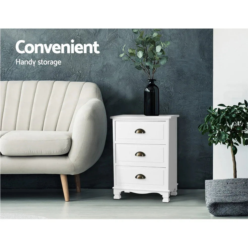 Artiss Bedside Table 3 Drawers Vintage - THYME White - Mekamart Australia