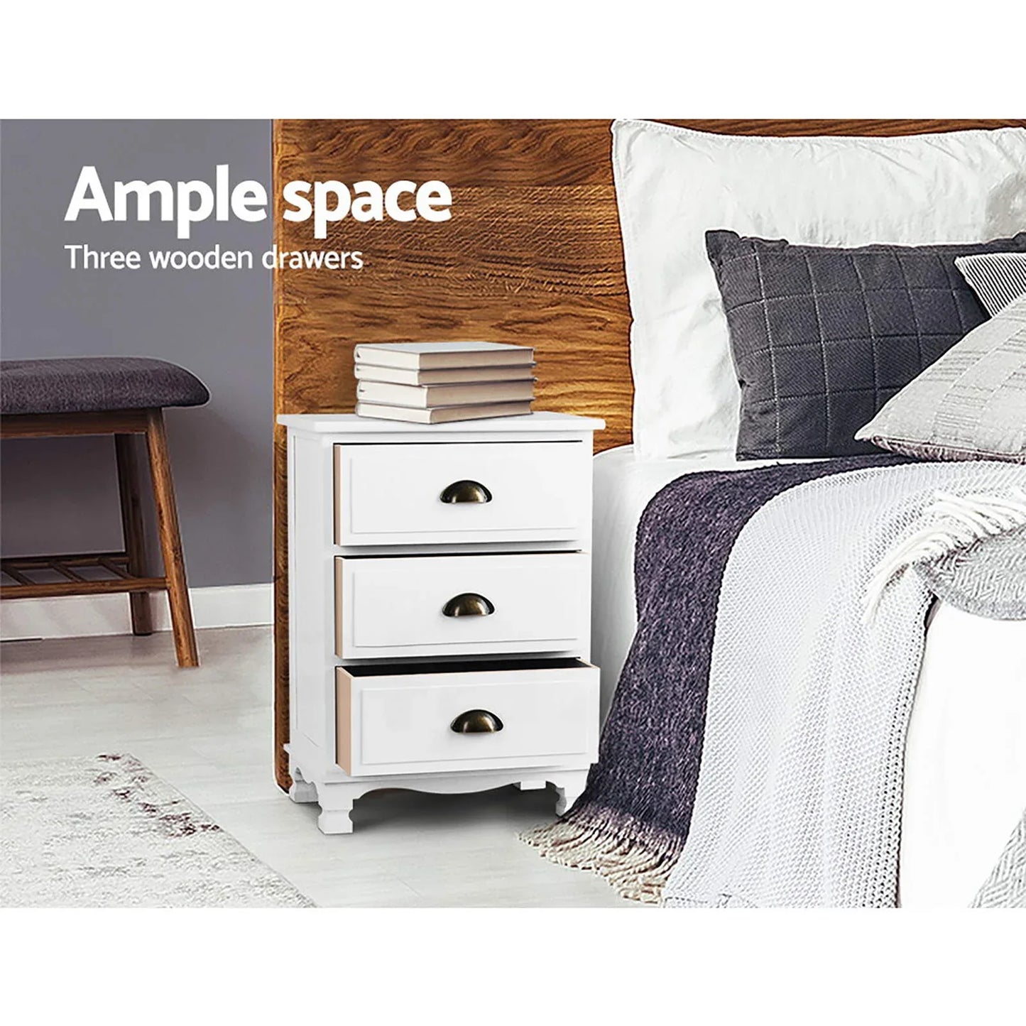 Artiss 2x Bedside Table 3 Drawers Vintage - THYME White - Mekamart Australia