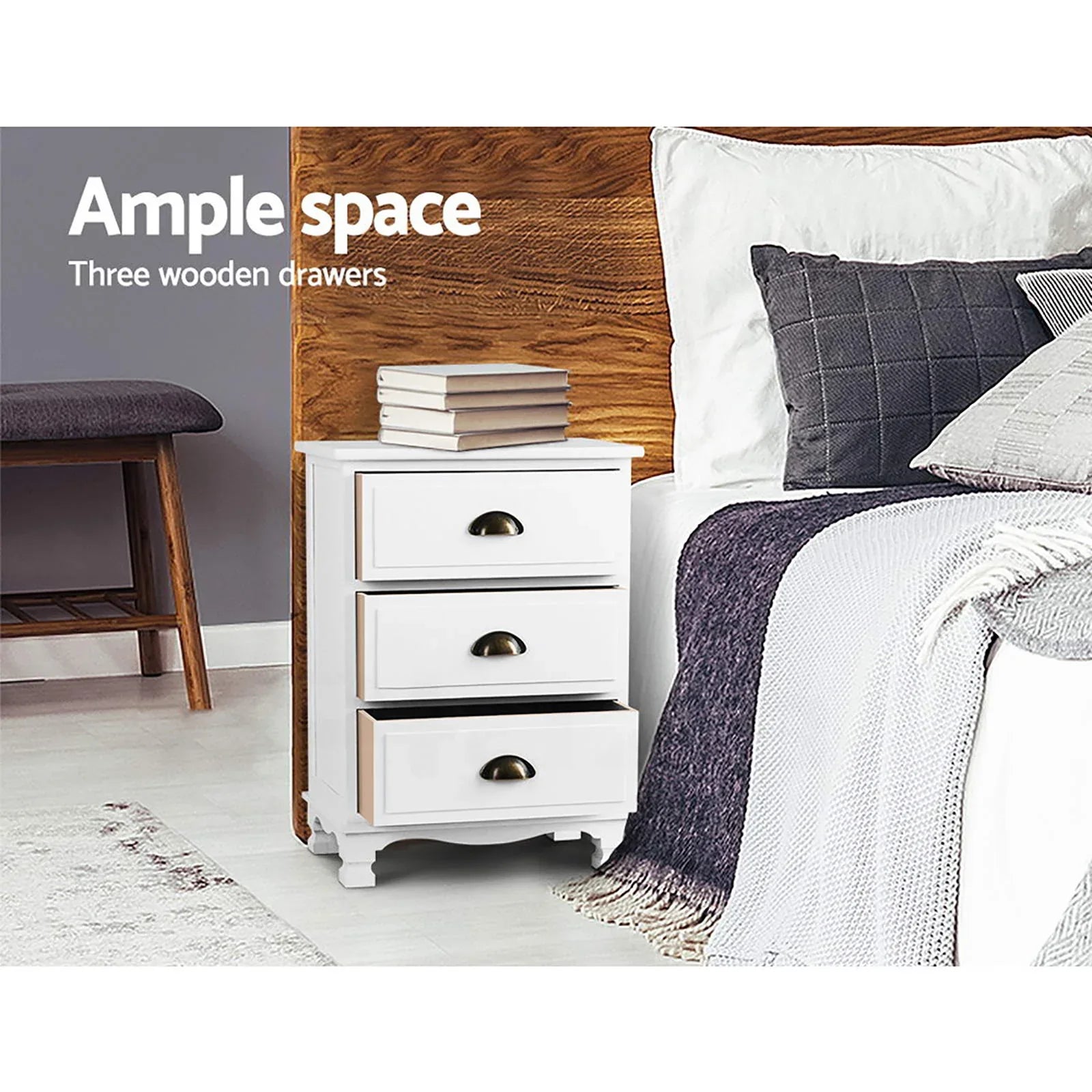 Artiss 2x Bedside Table 3 Drawers Vintage - THYME White - Mekamart Australia