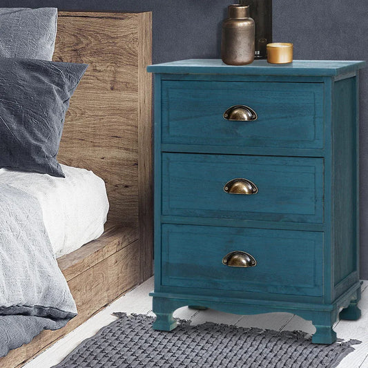 Artiss Bedside Table 3 Drawers Vintage - THYME Blue - Mekamart Australia