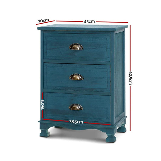 Artiss Bedside Table 3 Drawers Vintage - THYME Blue - Mekamart Australia