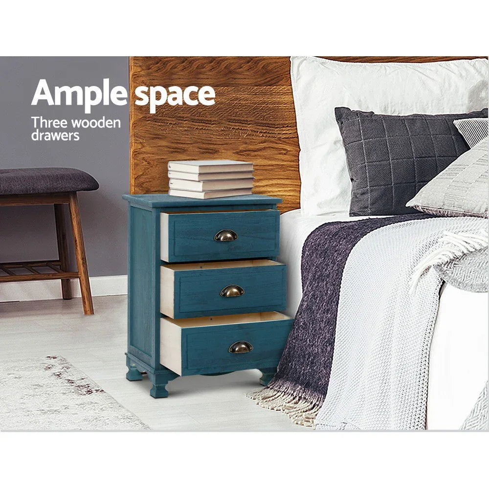 Artiss Bedside Table 3 Drawers Vintage - THYME Blue - Mekamart Australia