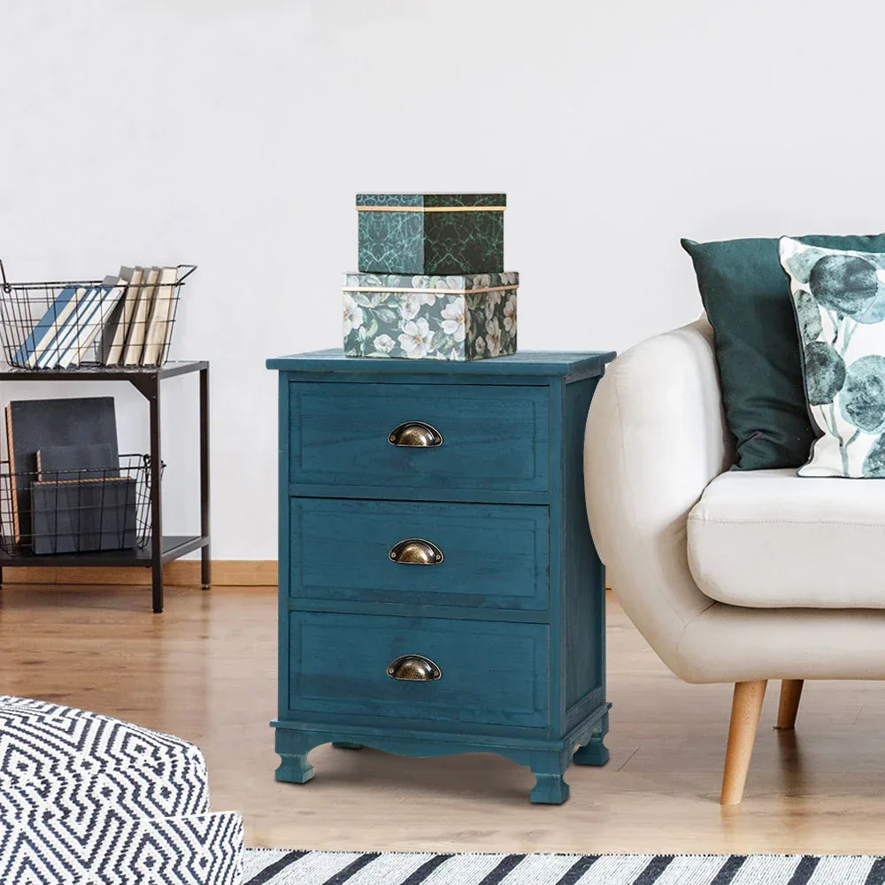 Artiss Bedside Table 3 Drawers Vintage - THYME Blue - Mekamart Australia