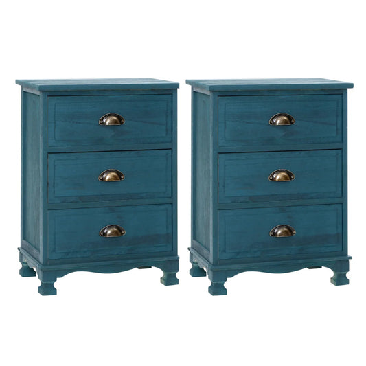 Artiss 2x Bedside Table 3 Drawers Vintage - THYME Blue - Mekamart Australia