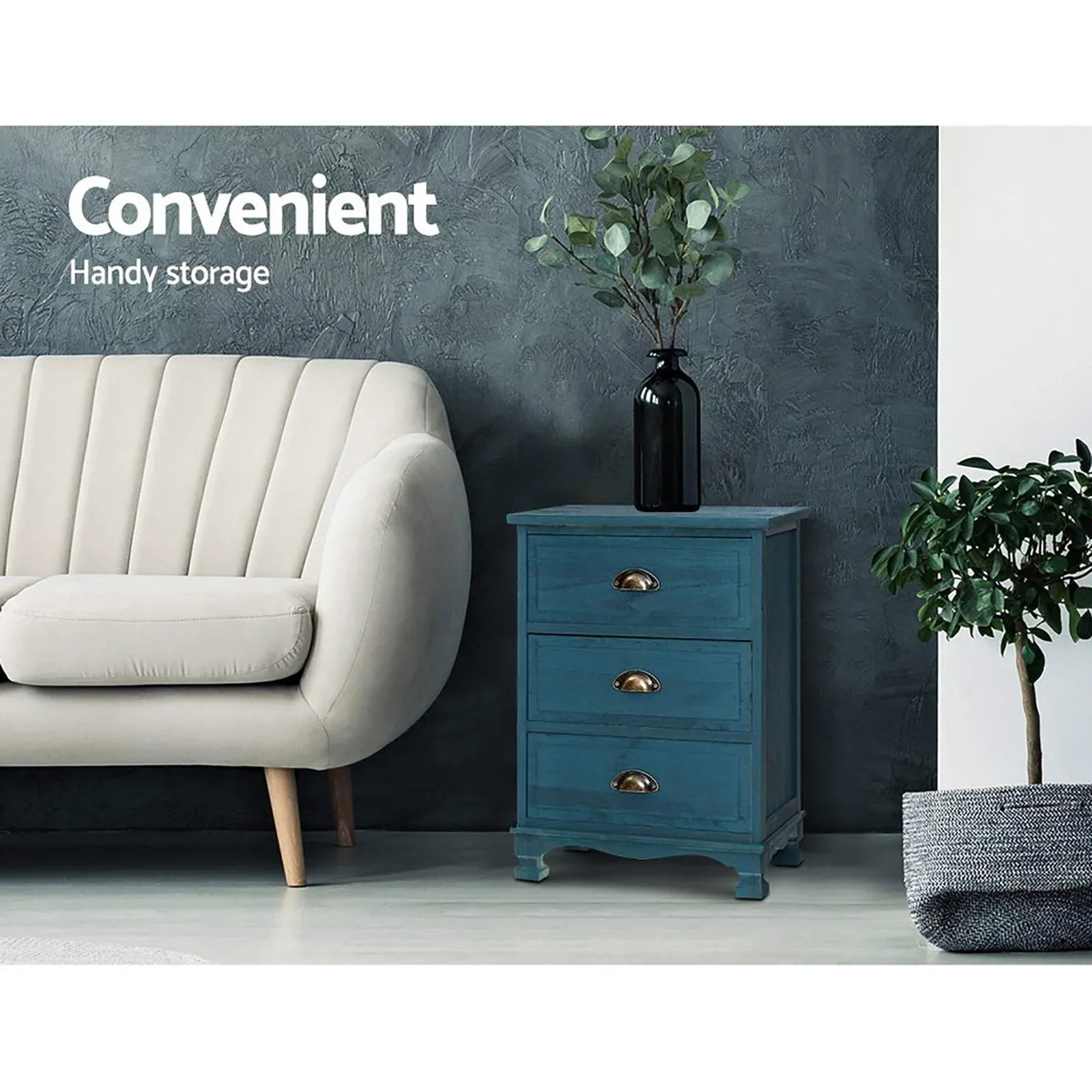 Artiss 2x Bedside Table 3 Drawers Vintage - THYME Blue - Mekamart Australia