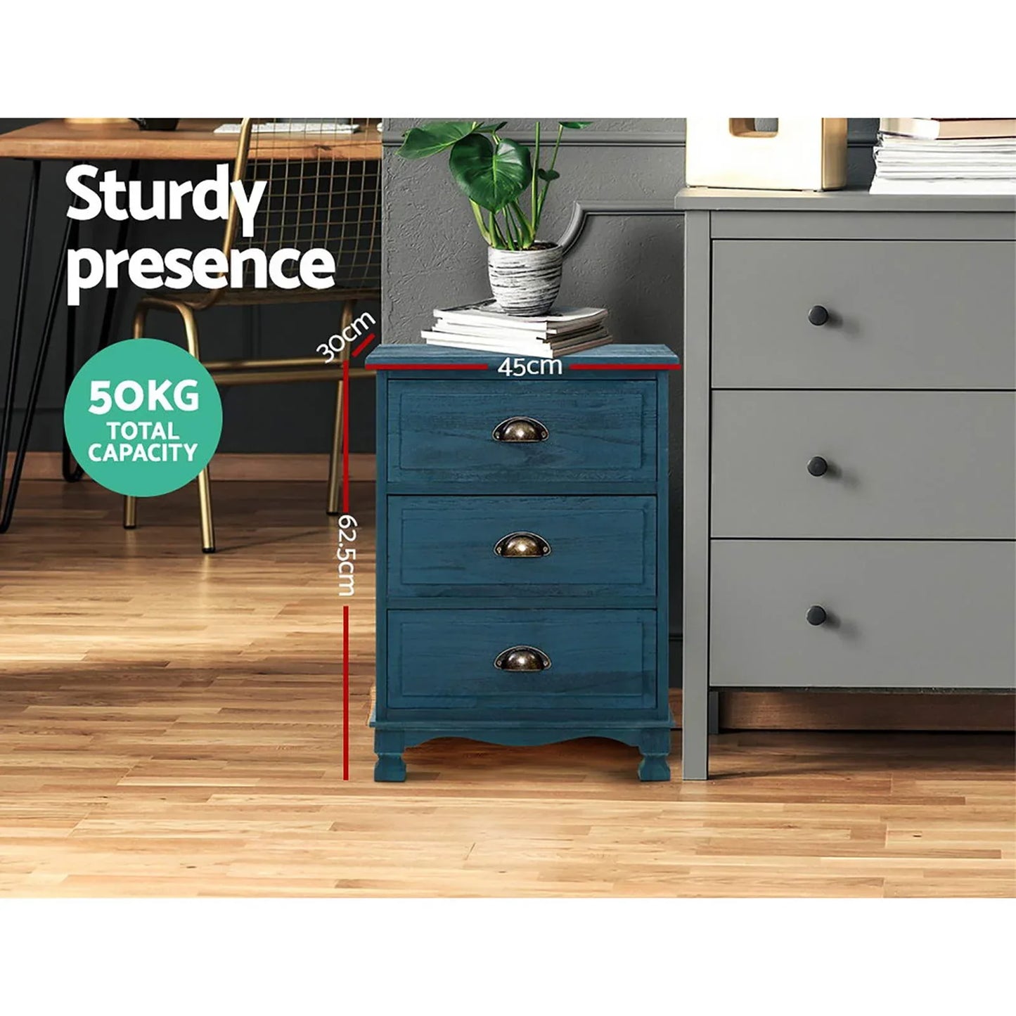 Artiss 2x Bedside Table 3 Drawers Vintage - THYME Blue - Mekamart Australia