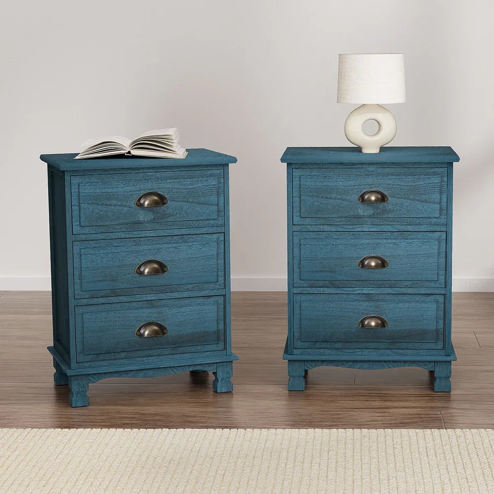 Artiss 2x Bedside Table 3 Drawers Vintage - THYME Blue - Mekamart Australia
