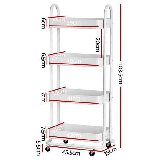 Artiss Storage Trolley Kitchen Cart 4 Tiers White - Mekamart Australia