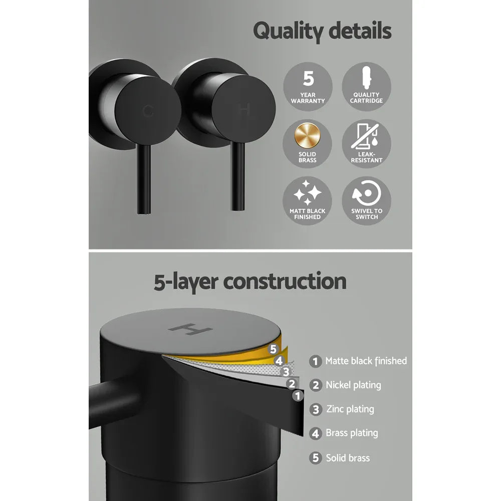 Cefito Basin Twin Tap Wall Round Brass Faucet Shower Bathtub Black - Mekamart Australia