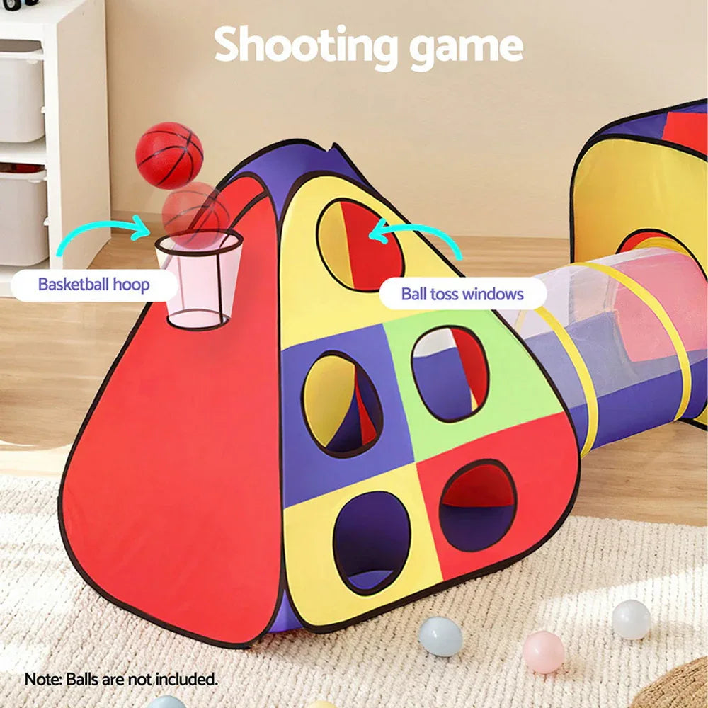 Keezi Kids Play Tent Pop Up Teepee Playhouse Ball Pit Crawl Tunnel Basketball Hoop - Mekamart Australia