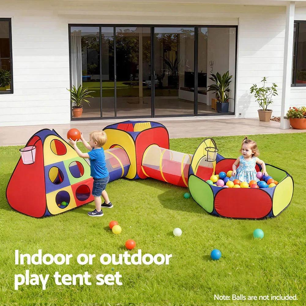 Keezi Kids Play Tent Pop Up Teepee Playhouse Ball Pit Crawl Tunnel Basketball Hoop - Mekamart Australia
