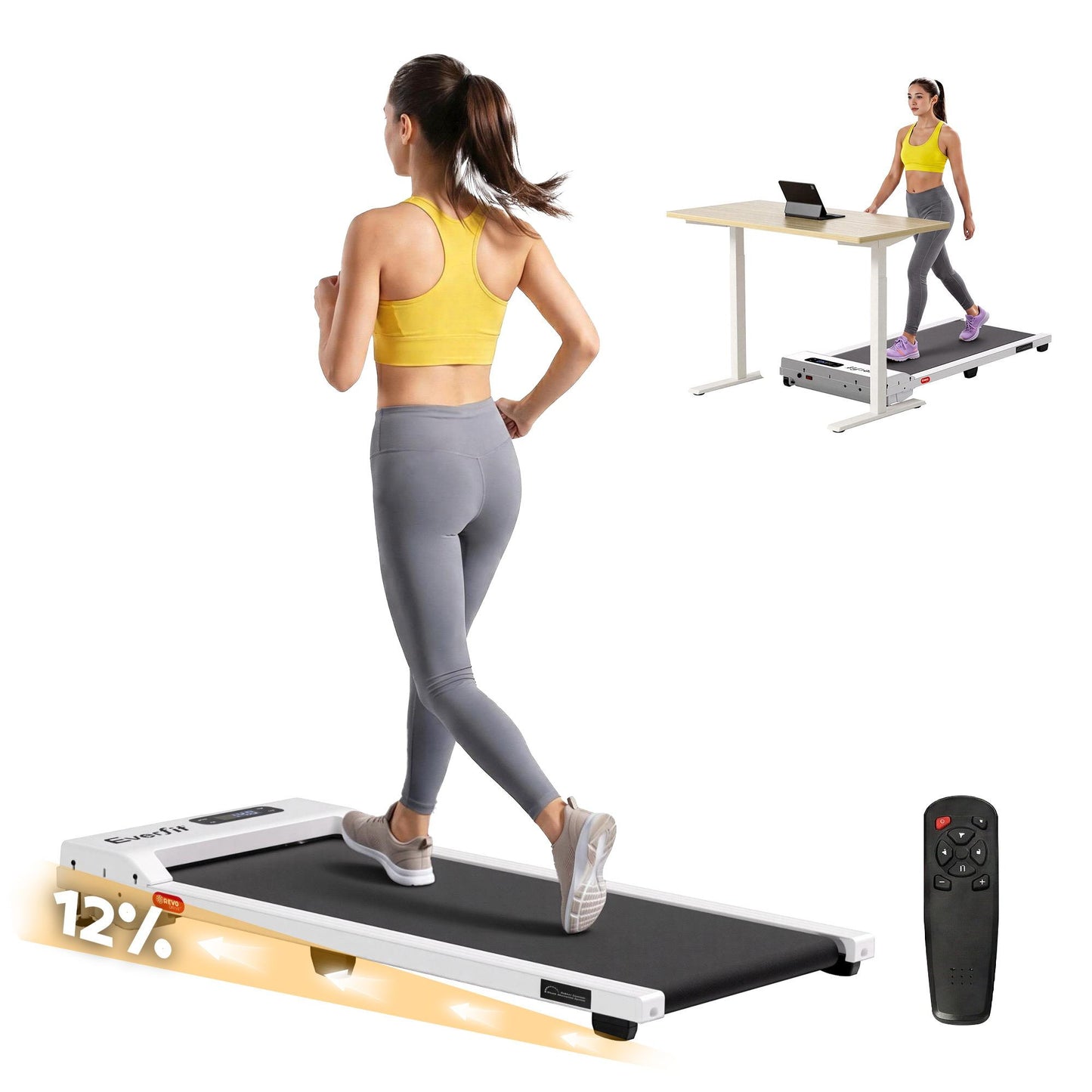 Everfit 3 in 1 Walking Pad Treadmill 12% Incline Under Desk Treadmills for Home Gym With 38cm Wide Belt White