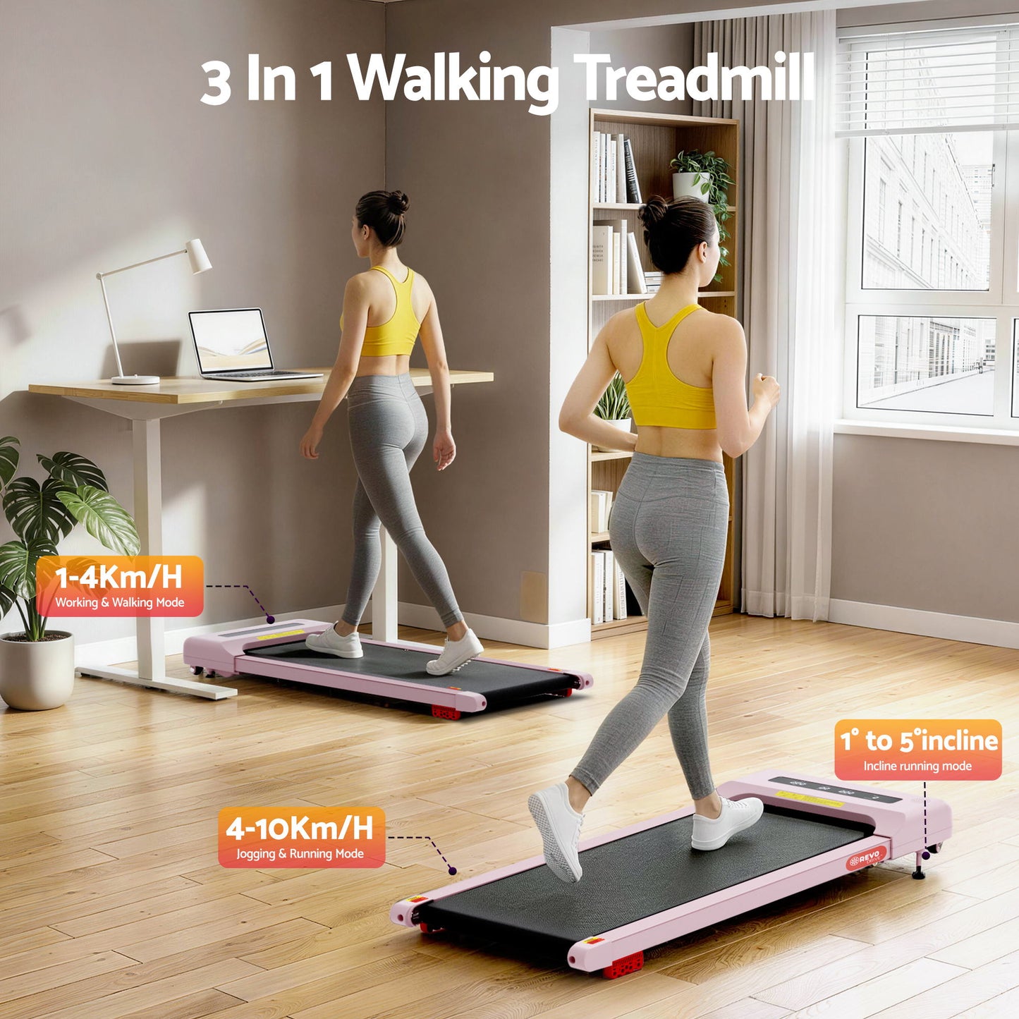 Everfit 3 in 1 Treadmill Electric Walking Pad Incline Under Desk Home Gym 380mm Pink