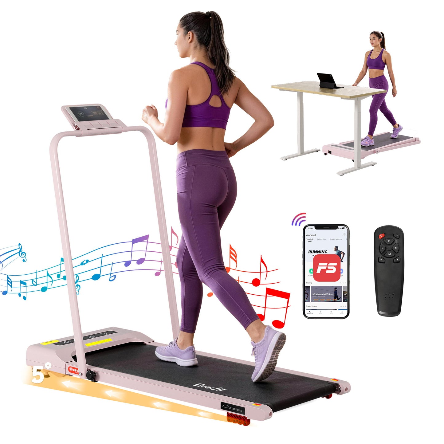 Everfit 3 in 1 Treadmill Electric Walking Pad Incline Under Desk 380mm Pink