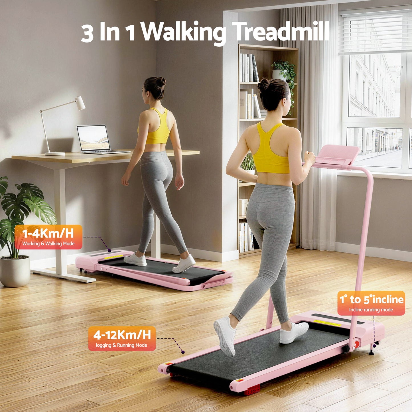 Everfit 3 in 1 Treadmill Electric Walking Pad Incline Under Desk 380mm Pink