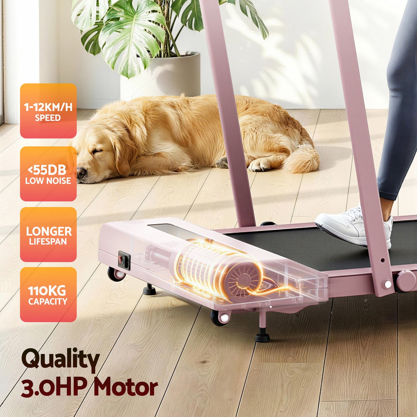 Everfit 3 in 1 Treadmill Electric Walking Pad Incline Under Desk 380mm Pink