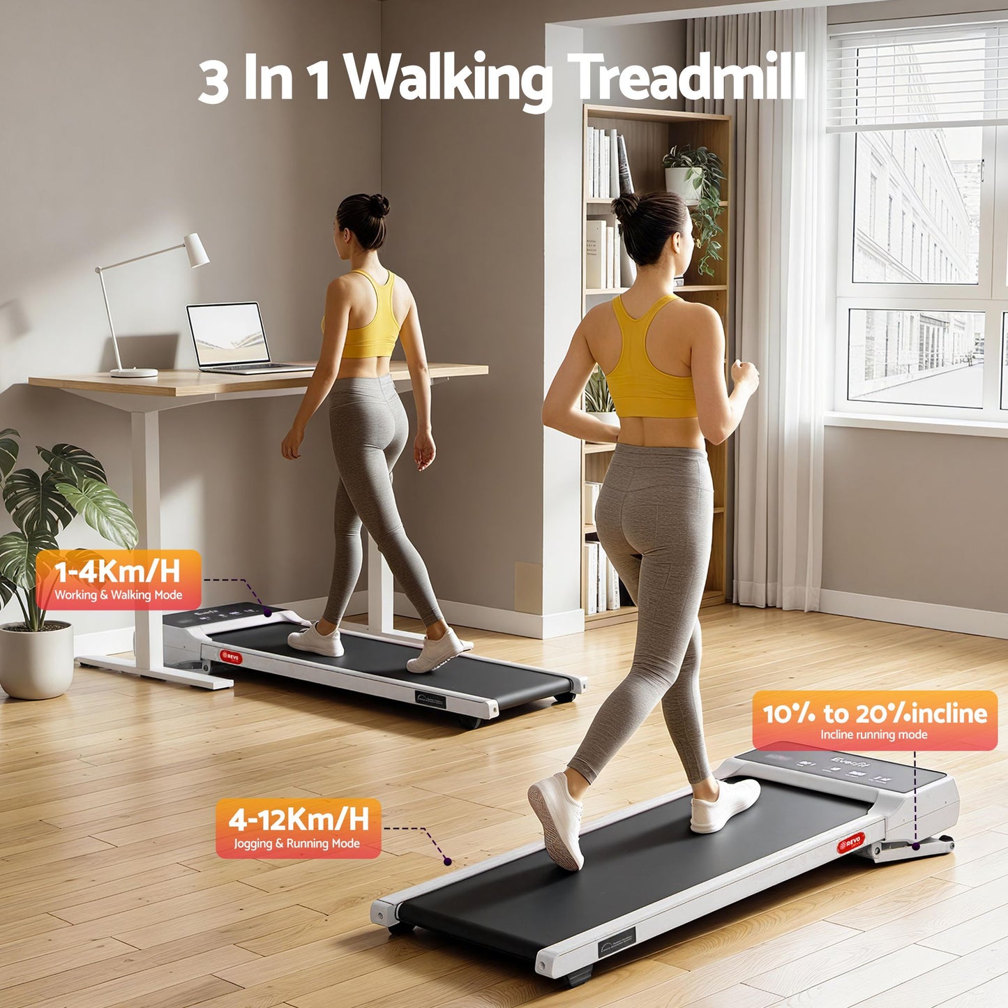 Everfit 3 in 1 Walking Pad Treadmill 20% Auto Incline Under Desk Treadmills for Home Gym With 40cm Wide Belt White