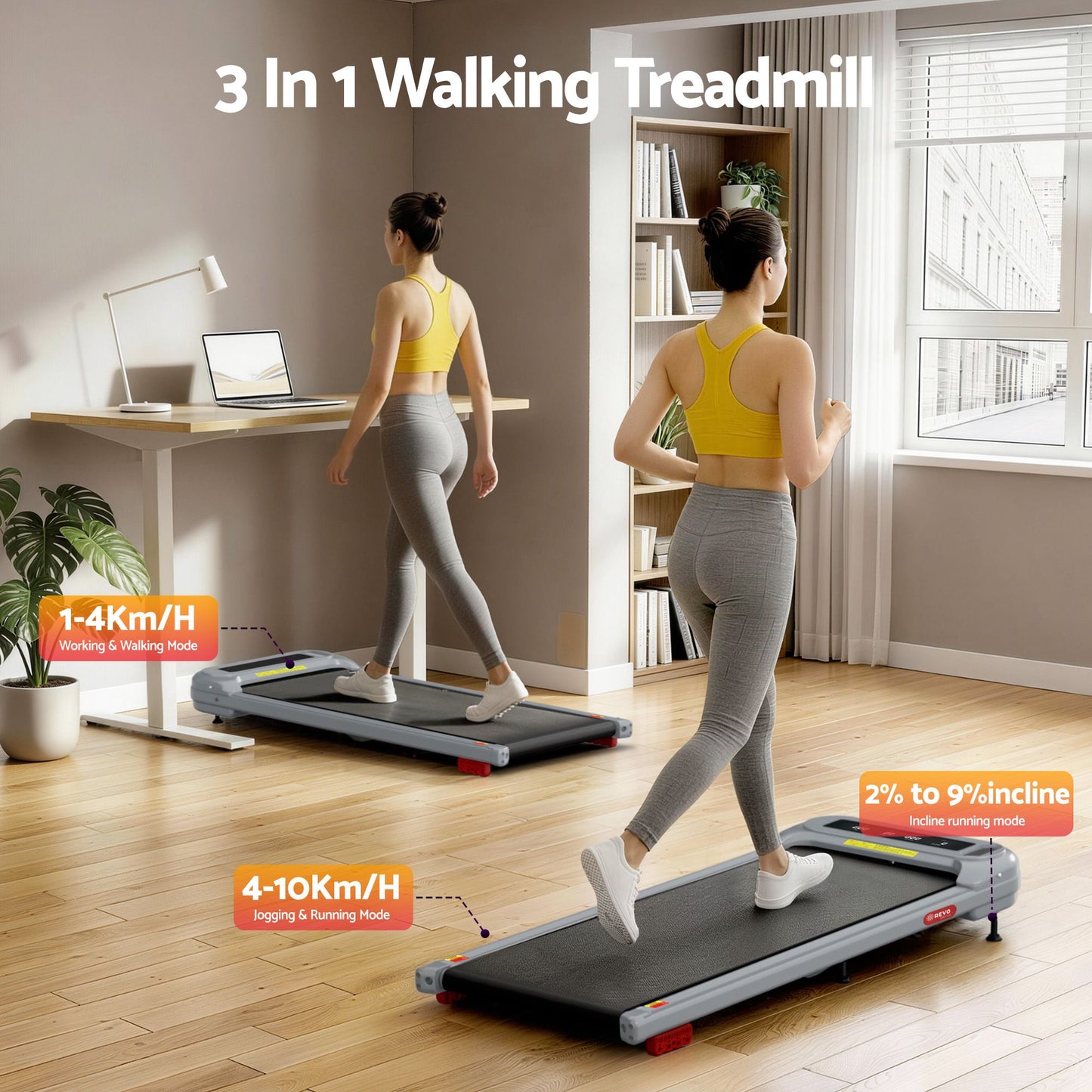 Everfit 3 in 1 Treadmill Electric Walking Pad with Incline Under Desk Home Gym Grey