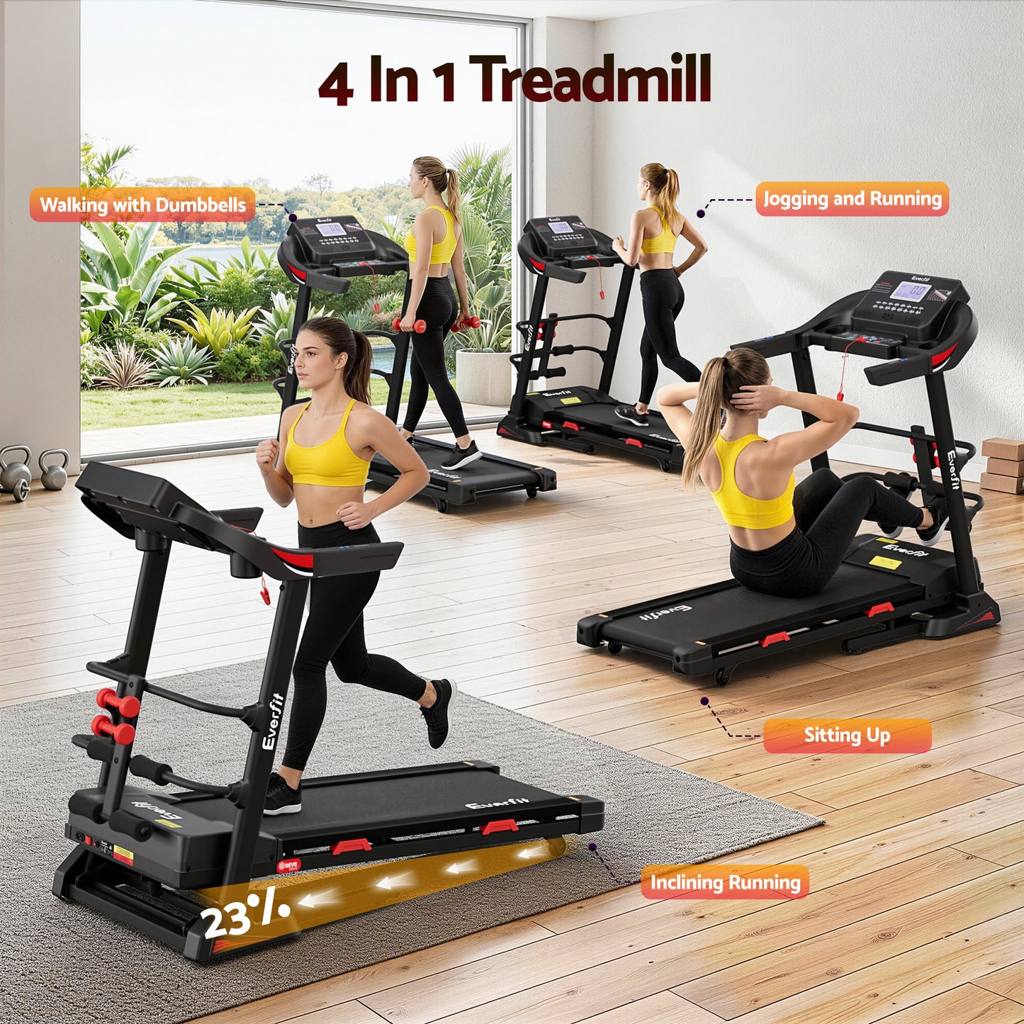 Everfit Treadmill Electric Home Gym Fitness Exercise Machine w/ Sit Up Bar 450mm