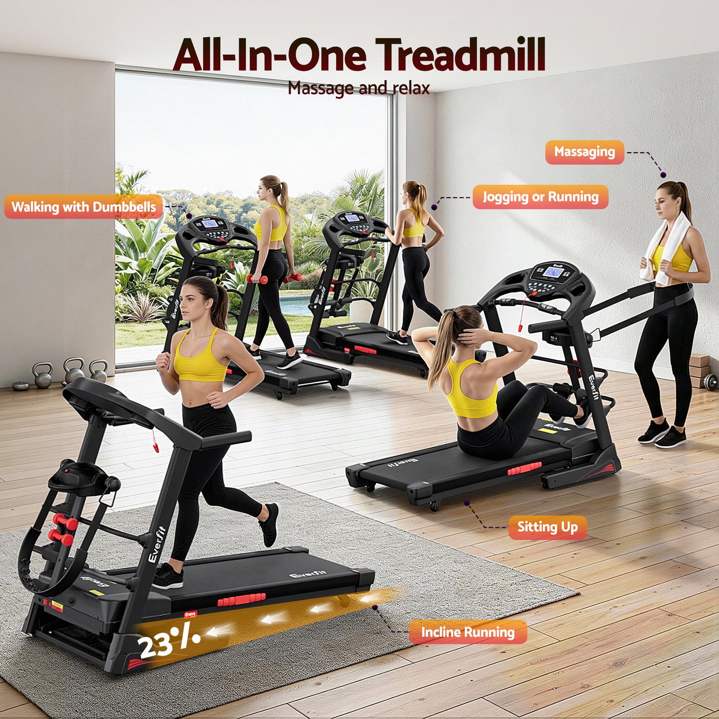 Everfit Treadmill Electric Home Gym Fitness Exercise Machine w/ Massager 480mm