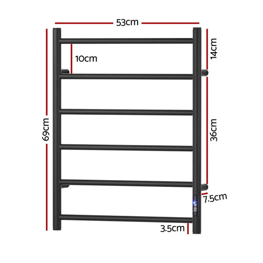 Devanti Heated Towel Rail 6 Round Bars with Timer Electric Heater Warmer Rack - Mekamart Australia