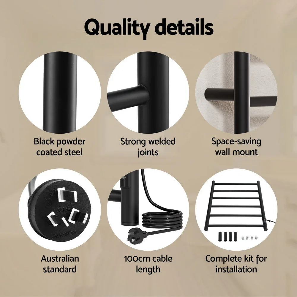 Devanti Heated Towel Rail 6 Round Bars with Timer Electric Heater Warmer Rack - Mekamart Australia