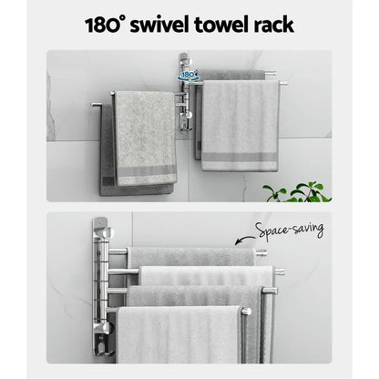 Towel Rail Rack Holder 4 Bars Wall Mounted Stainless Steel Swivel Hanging Hook - Mekamart Australia