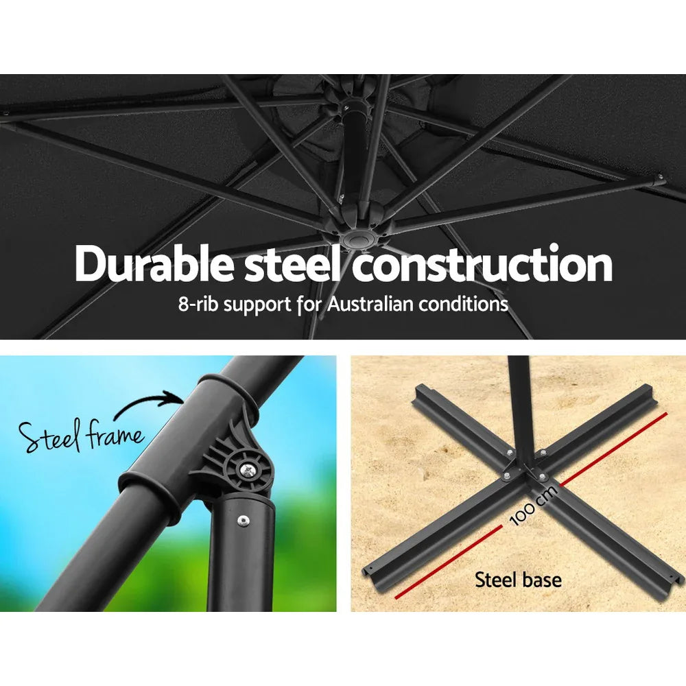 Instahut 3m Outdoor Umbrella w/Base Cantilever Beach Garden Patio Black - Mekamart Australia