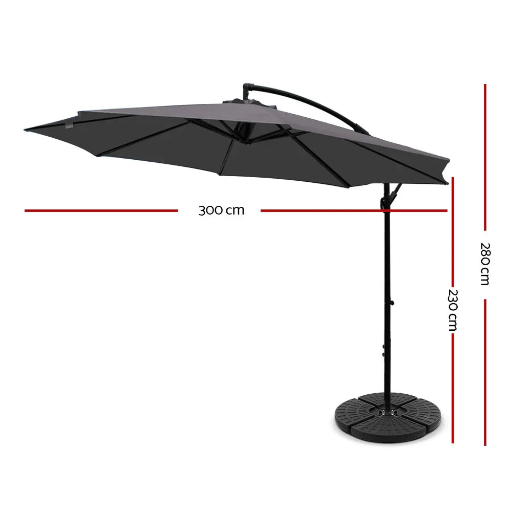 Instahut 3m Outdoor Umbrella w/Base Cantilever Beach Garden Patio Charcoal - Mekamart Australia