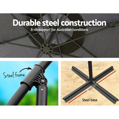 Instahut 3m Outdoor Umbrella w/Base Cantilever Beach Garden Patio Charcoal - Mekamart Australia