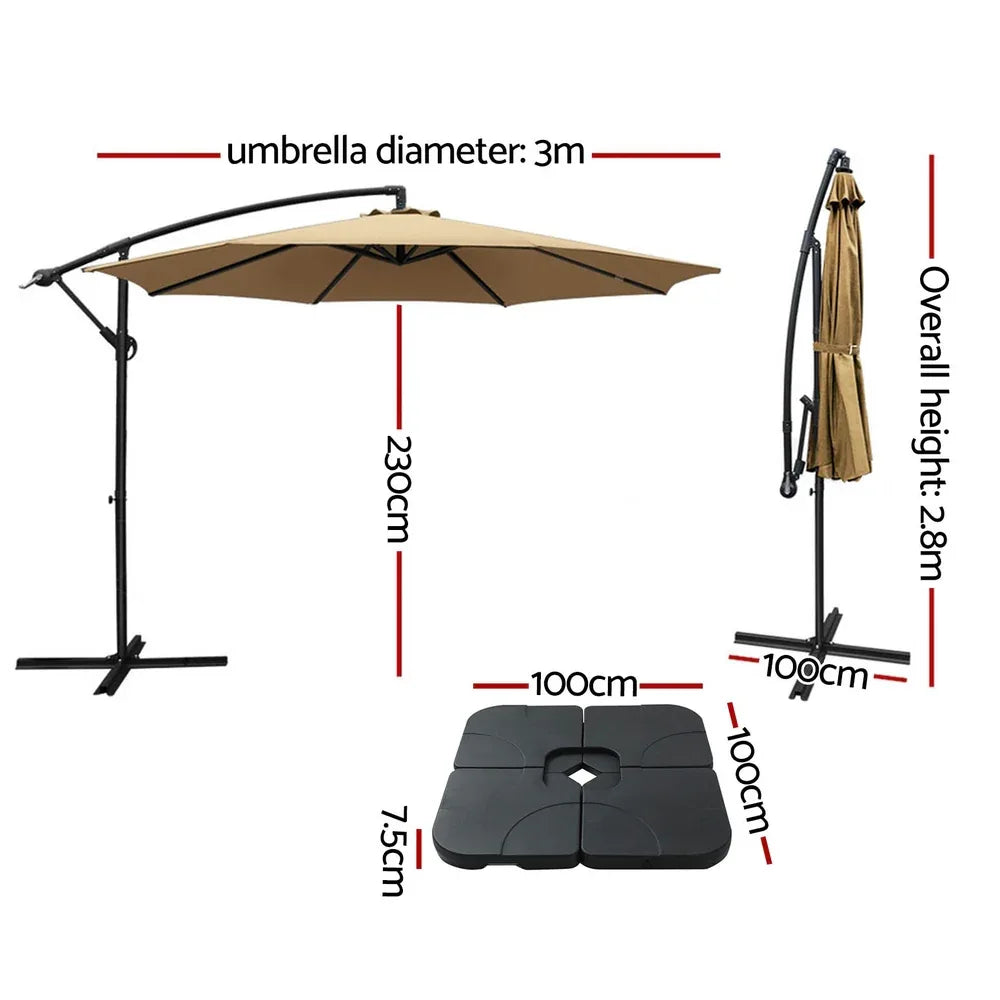 Instahut 3m Umbrella w/Base Outdoor Cantilever Beach Garden Patio Parasol Beige - Mekamart Australia