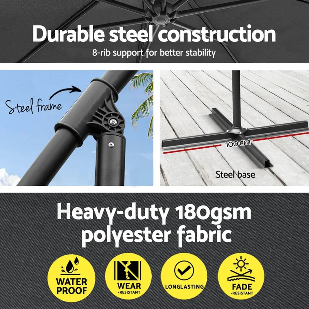 Instahut 3m Umbrella w/Base Outdoor Cantilever Beach Garden Patio Parasol Charcoal - Mekamart Australia